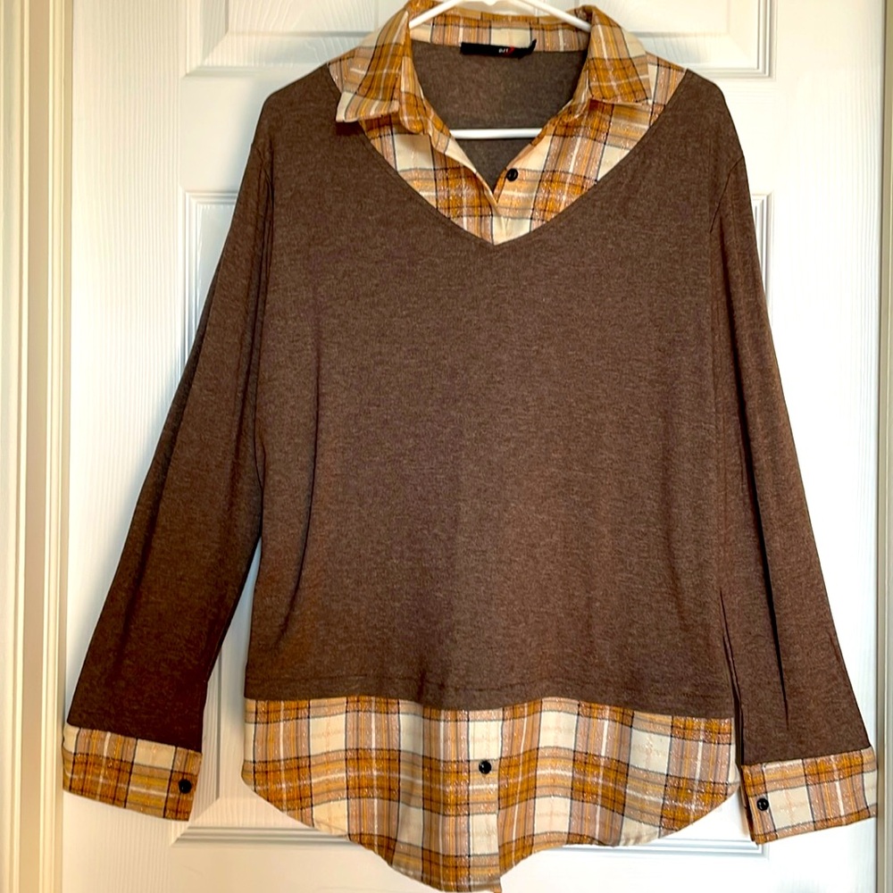 DJT Brown long sleeve shirt with plaid underlaid look| size XL
